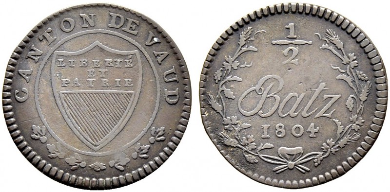 SCHWEIZ. Waadt/Vaud. Kanton. Halbbatzen 1804, Lausanne. Grosses Kantonswappen, u...