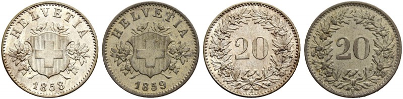 SCHWEIZ. Eidgenossenschaft. 20 Rappen 1858, Bern & 20 Rappen 1859. Divo 26, 27. ...