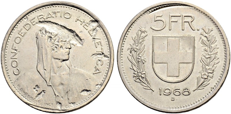 SCHWEIZ. Fehlprägungen. 5 Franken 1968, Bern. Fremdkörperprägung. 13.27 g. Richt...