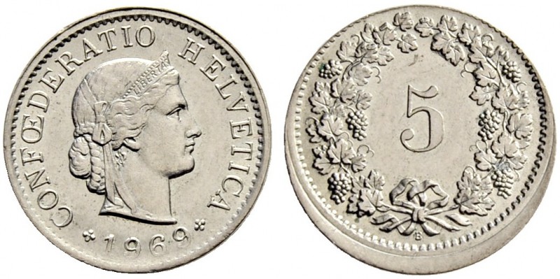 SCHWEIZ. Fehlprägungen. 5 Rappen 1969, Bern. Leicht dezentrierte Prägung. 1.99 g...