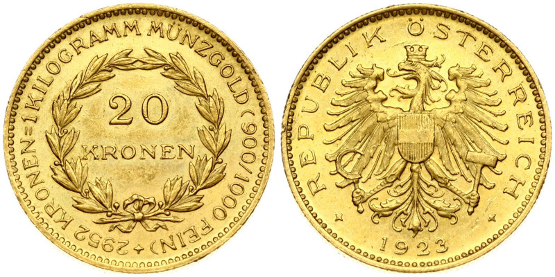 Austria. 20 Kronen 1923. Mintage 6 988 pcs. Gold 6.76 g. Fr. 519; KM 2830.
