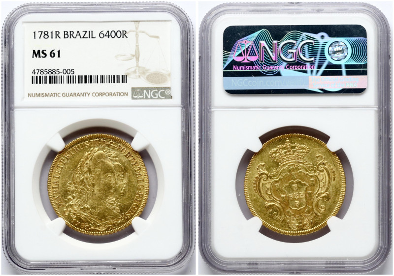 Brazil. Maria I & Pedro III(1777-1786). 6400 Reis 1781 R. Gold. KM-199. NGC MS 6...