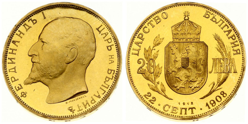 Bulgaria. 20 Leva 1912, National Bank restrike 1968. Gold .900, 6.45 g. Fr. 6; K...