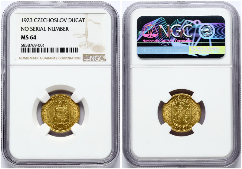Czechoslovakia. Ducat 1923. No serial number. Gold 3.49 g. Fr. 2; KM-8. NGC MS 6...