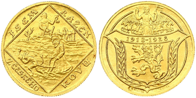 Czechoslovakia. 2 Ducats 1928 10th Anniversary of Czechoslovakia. Gold 6.98 g. F...