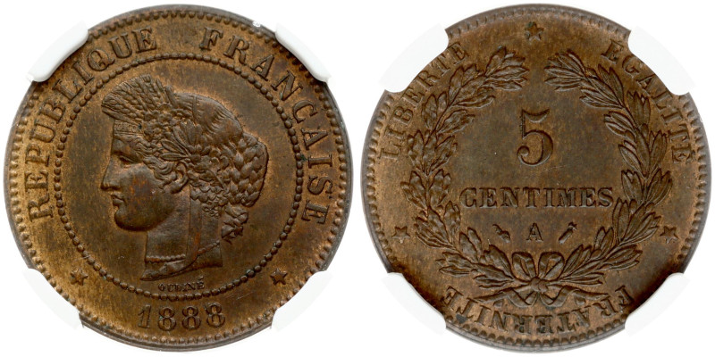 France. 5 Centimes 1888 A. Bronze. F 118; Gad. 157; KM 821. NGC MS 64 BN TOP POP...