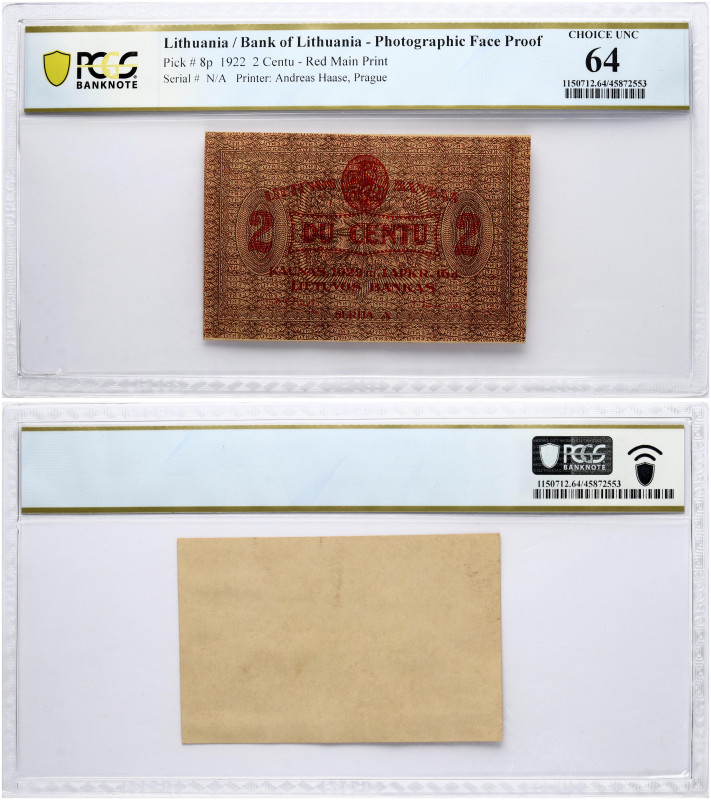 Lithuania. 2 Centu 1922. Photographic Face Proof. Serial # N/A. Pick#8p. PCGS 64...