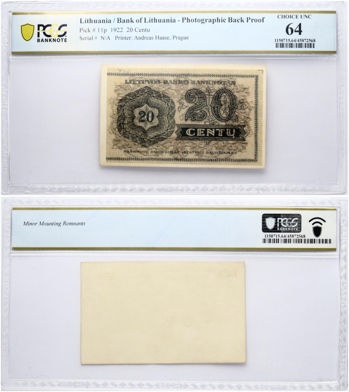 Lithuania. 20 Centu 1922. Photographic Back Proof. Serial # N/A. Pick#11p. PCGS ...