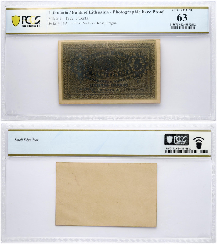 Lithuania. 5 Centai 1922. Photographic Face Proof. Serial # N/A. Pick#9p. PCGS 6...
