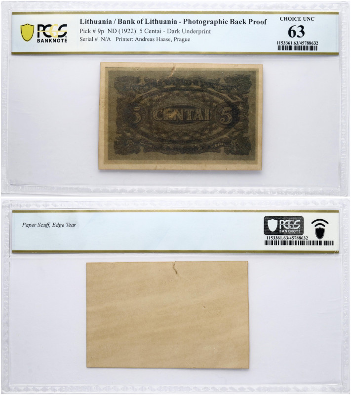 Lithuania. 5 Centai 1922. Photographic Back Proof. Serial # N/A. Pick#9p. PCGS 6...