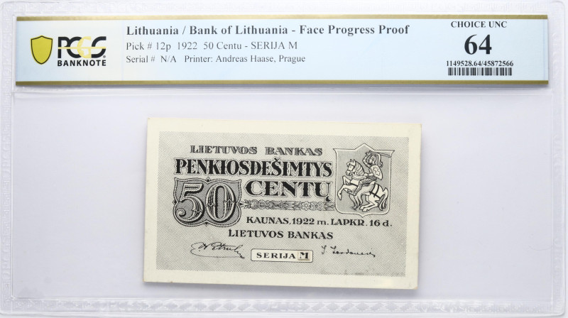 Lithuania. 50 Centu 1922. Face Progress Proof. Serial # N/A. Pick#12p. PCGS 64 C...