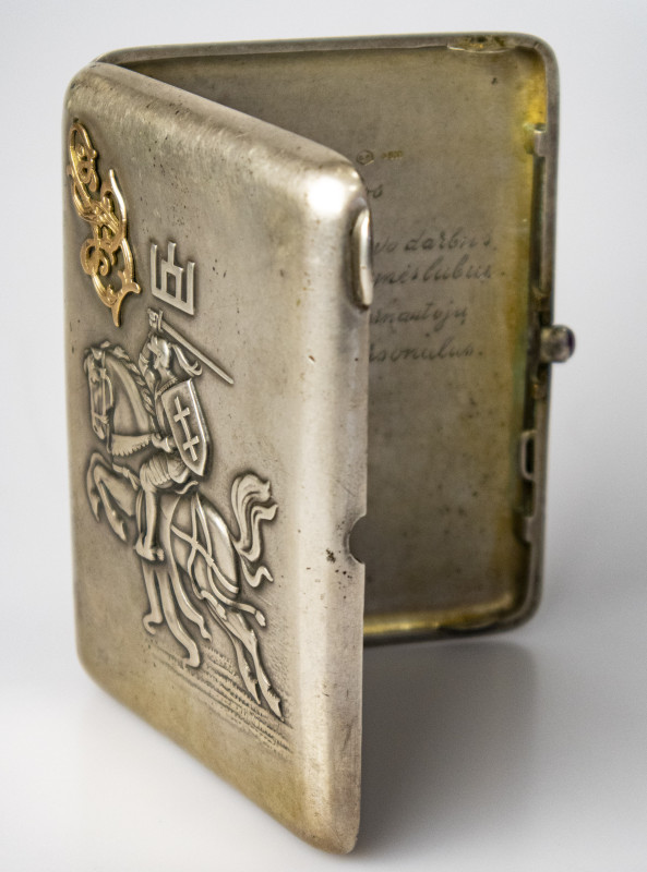 Lithuania. Silver Cigarette Case (1930-s) Siauliai. Obverse: gold monogramme, Ge...