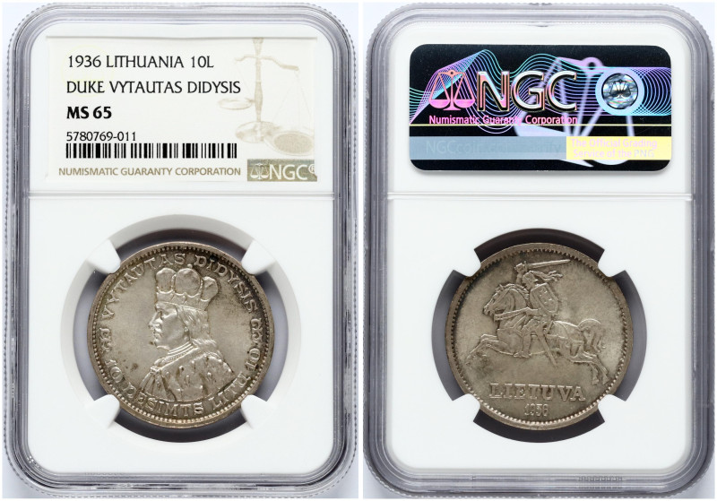 Lithuania. 10 Litu 1936 Vytautas. Silver. KM-83. NGC MS 65 ONLY 3 COINS IN HIGHE...