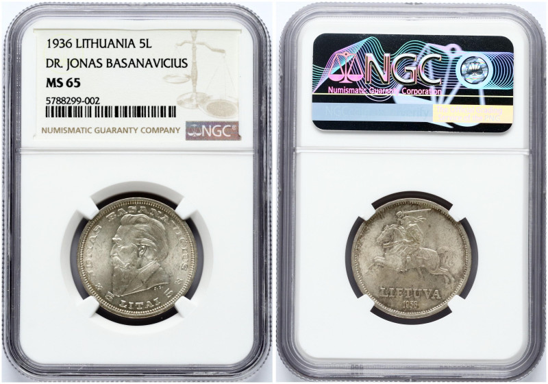 Lithuania. 5 Litai 1936 Jonas Basanavicius. Silver. KM-82. NGC MS 65
Estimate: ...