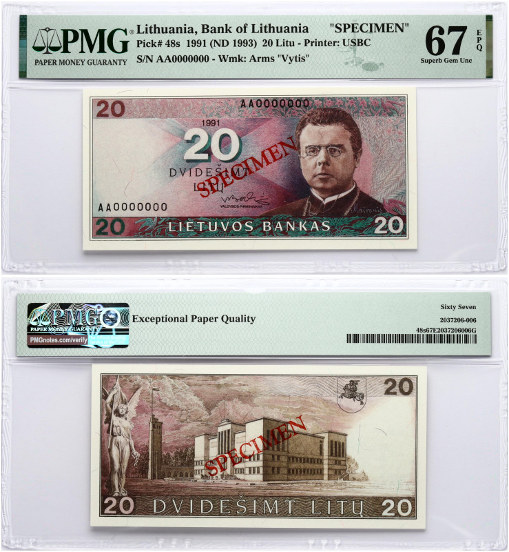 Lithuania. 20 Litu 1991 (1993) Maironis SPECIMEN. S/N AA0000000. Pick#48s. PMG 6...