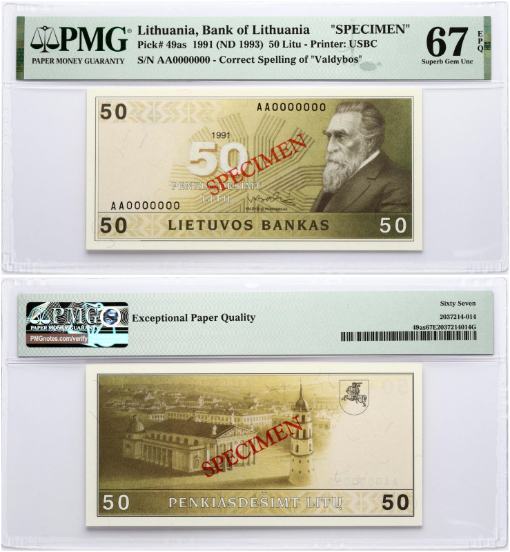 Lithuania. 50 Litu 1991 (1993) Basanavicius SPECIMEN. S/N AA0000000. Pick#49as. ...