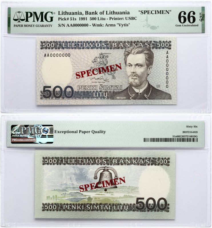 Lithuania. 500 Litu 1991 Kudirka SPECIMEN. S/N AA0000000. Pick#51s. PMG 66 Gem U...