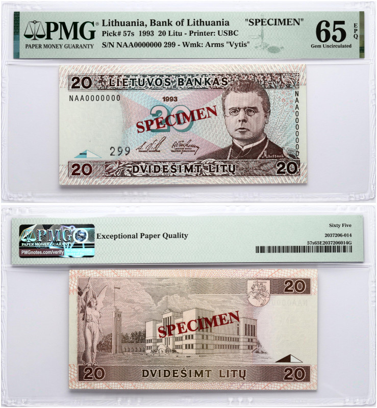 Lithuania. 20 Litu 1993 Maironis SPECIMEN. S/N NAA0000000 / 299. Pick#57s. PMG 6...