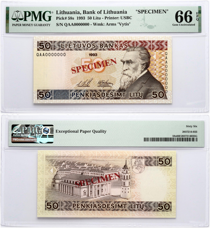 Lithuania. 50 Litu 1993 Basanavicius SPECIMEN. S/N QAA0000000. Pick#58s. PMG 66 ...