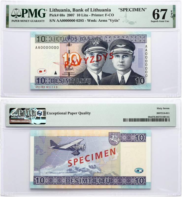 Lithuania. 10 Litu 2007 Darius ir Girenas PAVYZDYS/SPECIMEN. S/N AAA0000000 / 02...