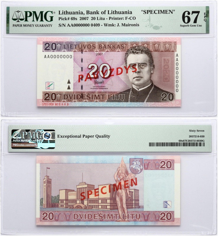 Lithuania. 20 Litu 2007 Maironis PAVYZDYS/SPECIMEN. S/N AA0000000 / 0409. Pick#6...