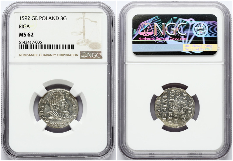 Poland. Zygmunt III Waza (1587-1632). Trojak 1592 Riga. Silver. Iger R.92.1.c. N...
