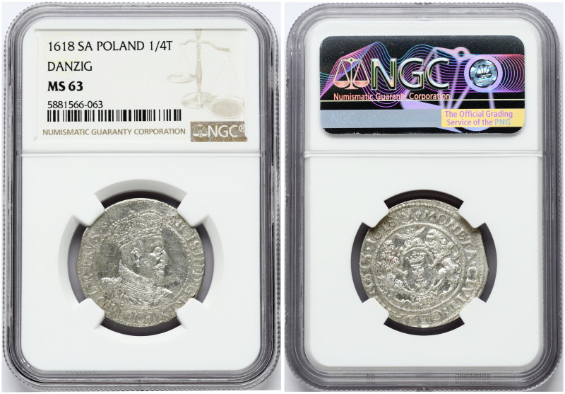 Poland. Zygmunt III Waza (1587-1632). Ort 1618 SA Gdansk. Silver. Kop. 7494 (R1)...