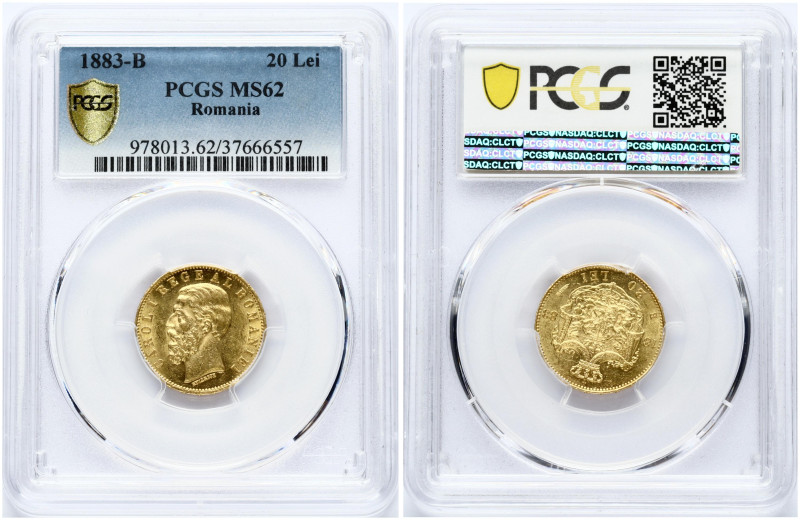 Romania. Carol I(1866-1914). 20 Lei 1883 B. Gold 6.45 g. Fr. 3; KM 20. PCGS MS 6...