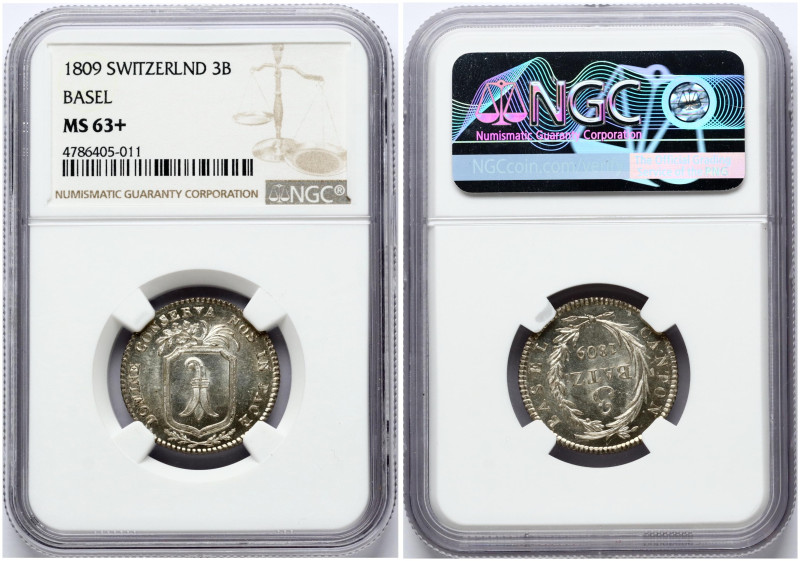Switzerland, Basel. 3 Batzen 1809. Silver. KM-198. NGC MS 63+ ONLY 5 COINS IN HI...