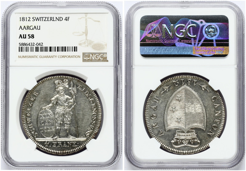 Switzerland, Aargau. 4 Frank 1812. Mintage 2527 pcs. Silver. Dav. 361; HMZ 2-19a...