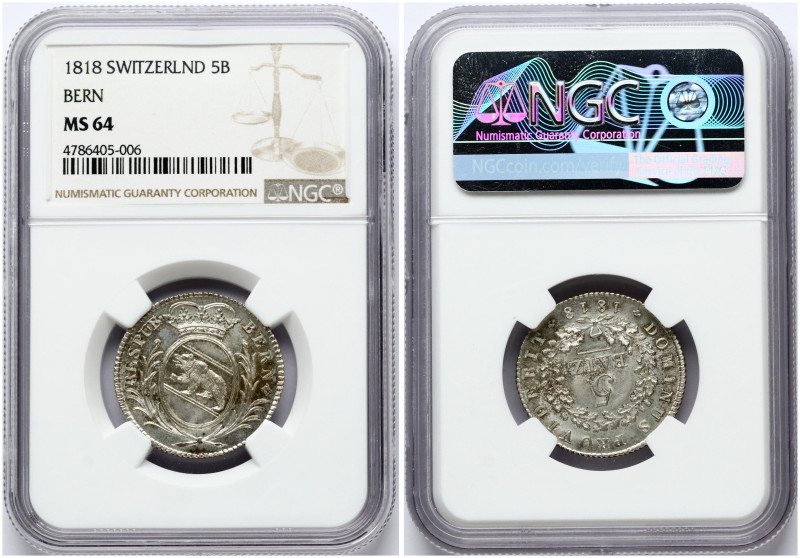 Switzerland, Bern. 5 Batzen 1818. Silver. KM-170. NGC MS 64