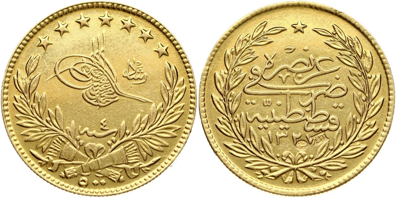 Turkey. Muhammad V (1909-1918). 500 Piastres AH 1327/4 (1912). Two arabic counte...