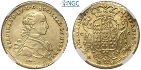 Napoli, Ferdinando IV di Borbone (1759-1816), 6 Ducati 1766, Au mm 26,5 g 8,80, esemplare fresco e lucente, il grado attribuito da NGC appare ingenero...
