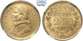 Roma, Pio IX (1846-1870), 2,50 Scudi 1861-XV, Au mm 19 g 4,33 una moneta eccezionale come appena coniata, in Slab NGC MS67 (Top Pop!)
