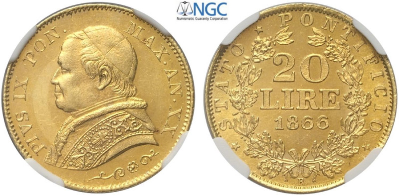 Roma, Pio IX (1846-1870), 20 Lire 1866-XX, RR Au mm 22 g 6,45 conservazione ecce...