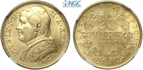 Roma, Pio IX (1846-1870), 20 Lire 1869-XXIV, Au mm 22 g 6,45 una moneta eccezionale come appena coniata, in Slab NGC MS66