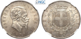 Regno d'Italia, Vittorio Emanuele II (1861-1878), 5 Lire 1872-M, Ag mm 37 g 25,00 alta conservazione, in Slab NGC MS63