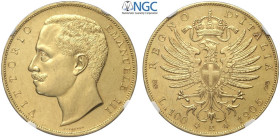 Regno d'Italia, Vittorio Emanuele III (1900-1943), 100 Lire 1903, Tiratura: 966, RR Au mm 35 g 32,26 in Slab NGC MS61