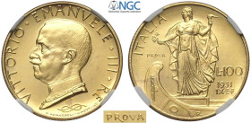 Regno d'Italia, Vittorio Emanuele III (1900-1943), 100 Lire 1931 Prova, RRRR Pag-160 Au mm 23,5 g 8,80 di eccezionale conservazione, in Slab NGC MS66 ...