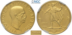 Regno d'Italia, Vittorio Emanuele III (1900-1943), 100 Lire 1936 Prova, RRRR Pag-161 Au mm 23,5 g 8,80 in Slab NGC AU-Removed from jewelry (provenient...