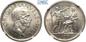 Regno d'Italia, Vittorio Emanuele III (1900-1943), 20 Lire 1927 anno V, Tiratura: 100, RRR Ag mm 35,5 g 15,00 di eccezionale qualità, in Slab NGC MS65...