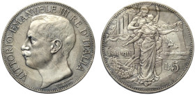 Regno d'Italia, Vittorio Emanuele III (1900-1943), 5 Lire 1911, Rara Ag mm 37 g 24,94 leggermente pulita e lieve colpetto, q.SPL