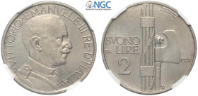 Regno d'Italia, Vittorio Emanuele III (1900-1943), 2 Lire 1927, RR Ni mm 29 g 10,00 alta conservazione per il millesimo, in Slab NGC MS63