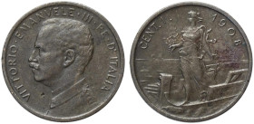 Regno d'Italia, Vittorio Emanuele III (1900-1943), Centesimo 1908 Italia su Prora, RR Cu mm 15 g 0,98 lievi porosità, BB