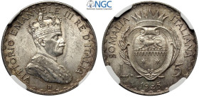 Regno d'Italia, Vittorio Emanuele III Colonia Somalia (1909-1925), 5 Lire 1925, Ag mm 25,5 g 6,00 alta conservazione, in Slab NGC MS63