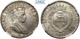 Regno d'Italia, Vittorio Emanuele III Colonia Somalia (1909-1925), 10 Lire 1925, Ag mm 28 g 12,00 alta conservazione, in Slab NGC MS63