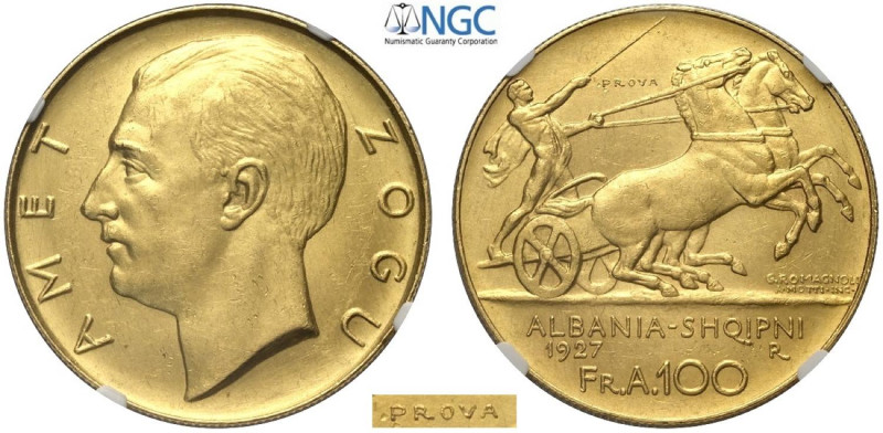 Albania, Ahmet Bey Zogu (1925-1939), Prova 100 Franga Ari 1927 no star below bus...