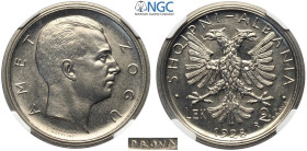 Albania, Ahmet Bey Zogu (1925-1939), Prova 2 Lek 1928, RRRR Pag-817 KM-Pr34, Ni mm 29 g 10,00 conservazione eccezionale, in Slab NGC MS66 (second best...