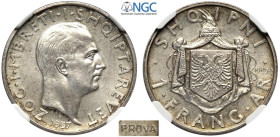 Albania, Ahmet Bey Zogu (1925-1939), Prova Frang Ar 1937, Mintage: 50, RRR Pag-815 KM-Pr45, Au mm 23 g 5,00 in Slab NGC MS64