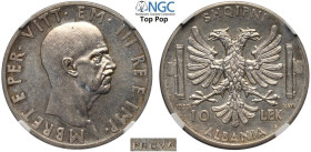 Albania, Italian Occupation WWII, Vittorio Emanuele III (1939-1943), Prova 10 Lek 1939, RRRR Pag-408 Ag mm 27 g 10,00 in Slab NGC MS62 (Top Pop!)